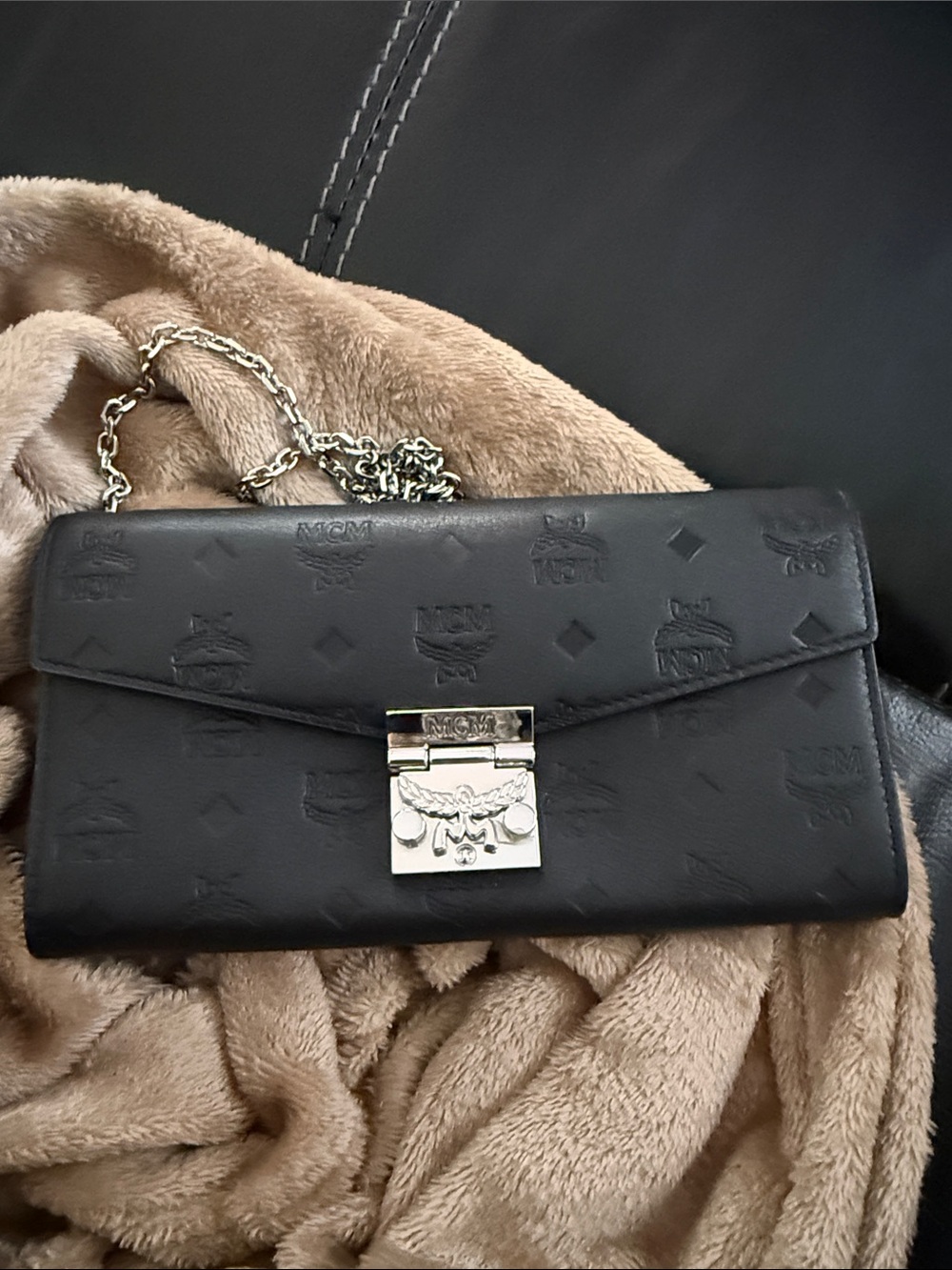 MCM Black Embossed Leather Chain Crossbody Bag with Silver Hardware - Picture 2 of 4